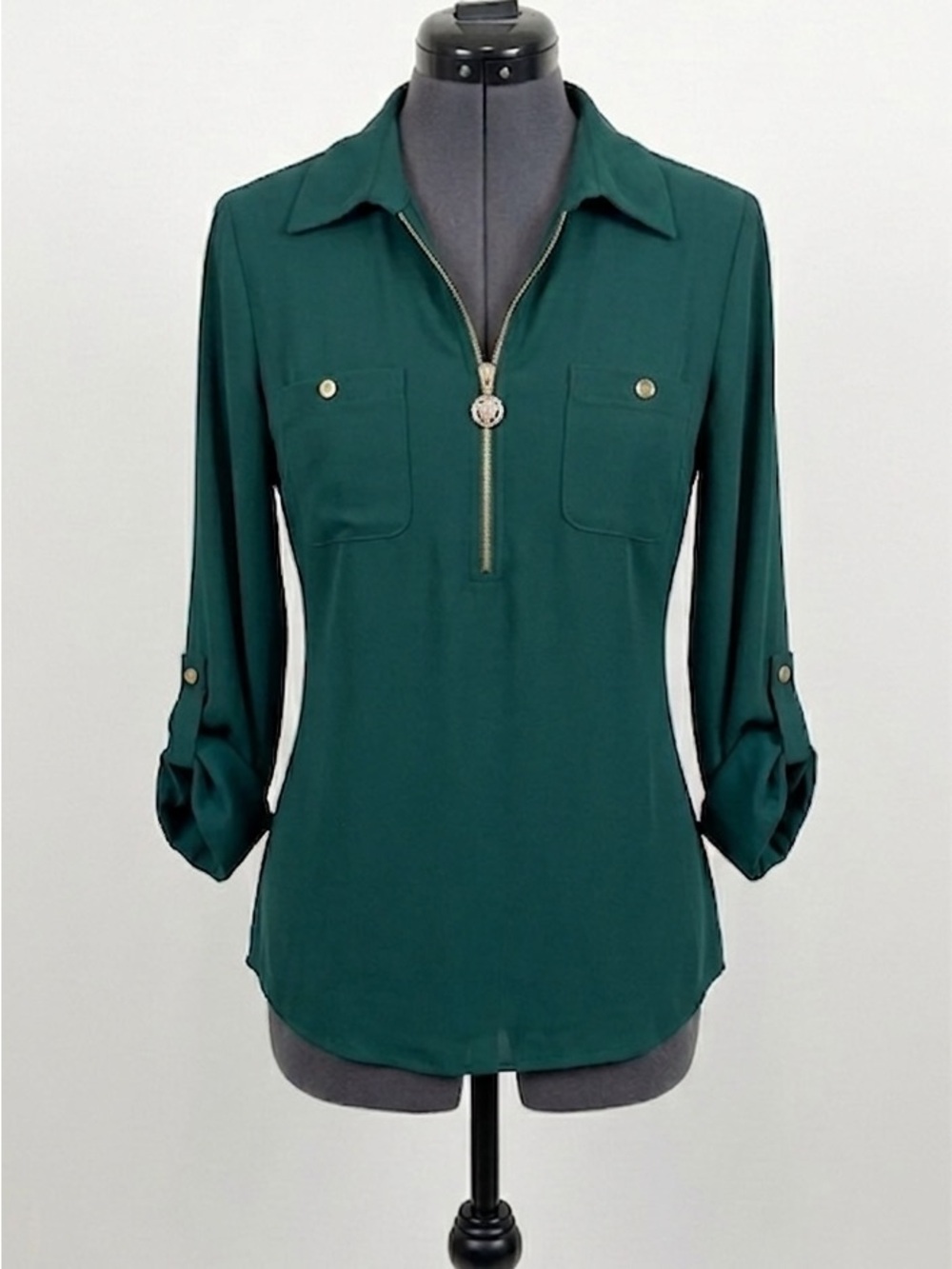 Anne Klein Teal Green Zip-Front Blouse with Gold Hardware